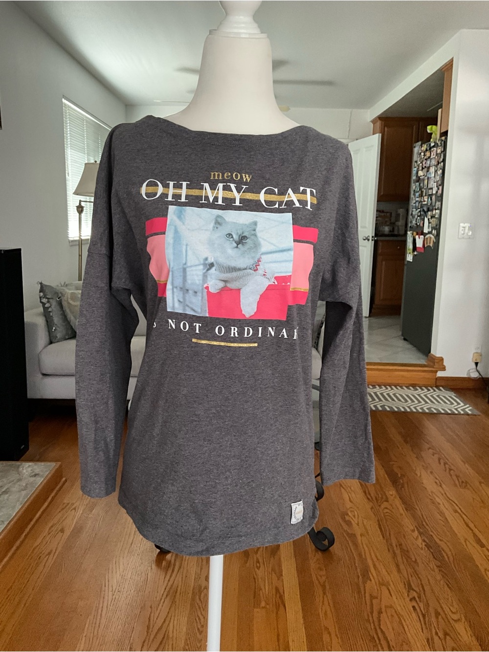 Oodji Oh My Cat Graphic Cotton Long Sleeve Tee - Charcoal Gray with Pink Accent